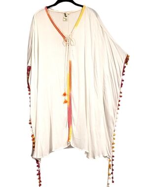 Violet Sky White Kaftan Kimono Beach Swimsuit Cover-up Colorful PomPoms XL